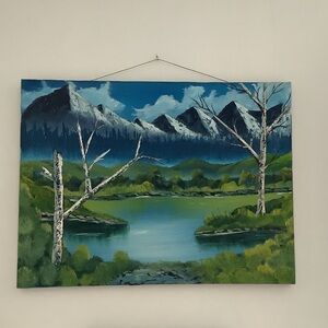 Original Scenic Lake/Mountain Landscape Canvas Painting. 24” wide x 17 1/2” long